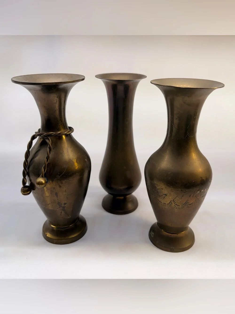 Vintage Engraved Brass Bud Vases - Set of 3 Assorted Patina Mini Vases